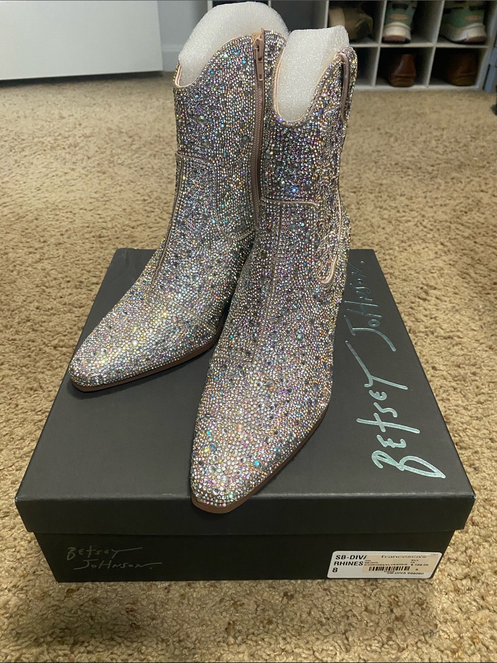 Betsey Johnson Crystal-Covered Iridescent Pointed Ankle Boots - Picture 1 of 5